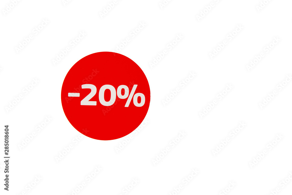 Red round sticker with a discount of 20 on a white background isolated. Red round sticker with a discount of 20 on a white background isolated.