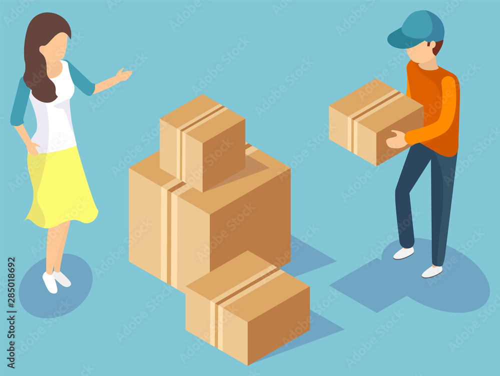 Delivery service worker in uniform carrying cardboard boxes. Girl moving house. Carton container, closed parcel, packaging. Transportation 3D vector illustration. Flat isometric cartoon Delivery service worker in uniform carrying cardboard boxes. Girl moving house. Carton container, closed parcel, packaging. Transportation 3D vector illustration. Flat isometric cartoon