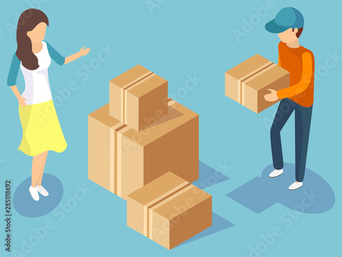 Delivery service worker in uniform carrying cardboard boxes. Girl moving house. Carton container, closed parcel, packaging. Transportation 3D vector illustration. Flat isometric cartoon
