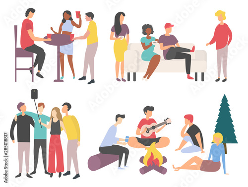 Friends gathering together at weekend vector, buddies sitting on couch in cafe and drinking coffee, people spend time playing guitar and taking selfies. Flat cartoon