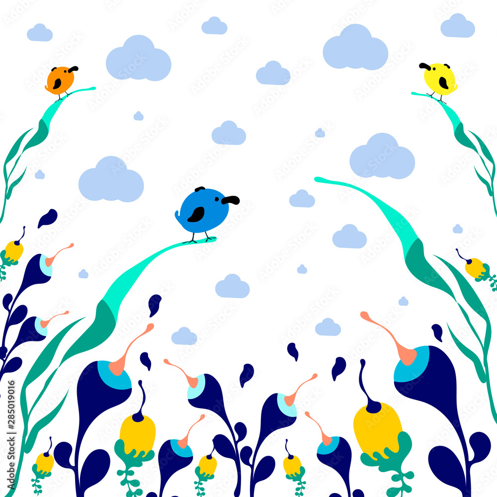 Seamless vector banner in a cute and cartoon style . Bright background with funny birds and flowers. Spring and summer season. Outdoor, clouds, birds sky, flowers, tree. Seamless vector banner in a cute and cartoon style . Bright background with funny birds and flowers. Spring and summer season. Outdoor, clouds, birds sky, flowers, tree.