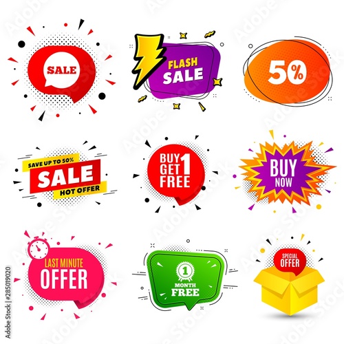 Buy Now. Banner badge, flash sale bubble. Special offer price sign. Advertising Discounts symbol. Last minute offer. Sticker badge, comic bubble. Discounts box. Vector