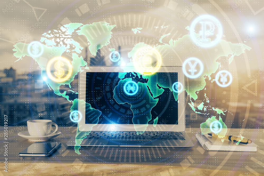 Fototapeta premium Stock market graph and table with computer background. Multi exposure. Concept of financial analysis.