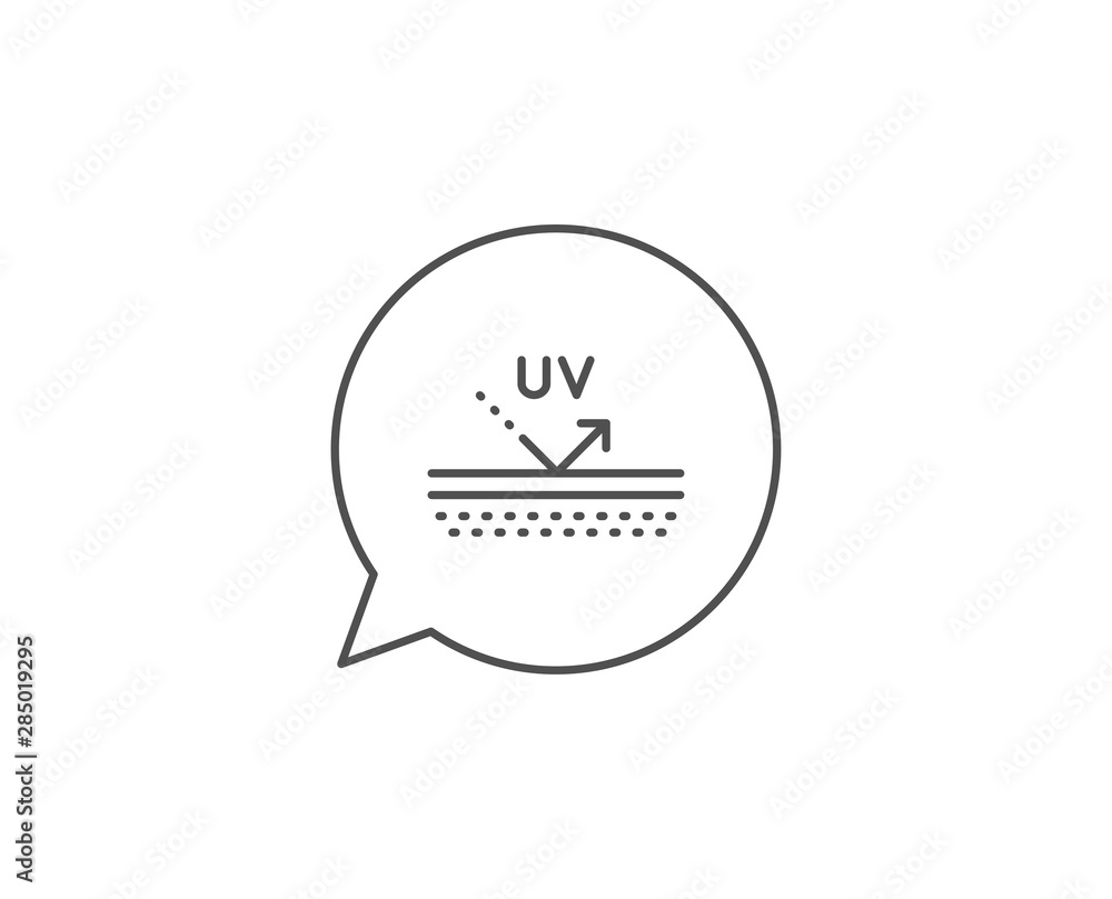 Uv protection cream line icon. Chat bubble design. Skin care sign. Cosmetic lotion symbol. Outline concept. Thin line uv protection icon. Vector