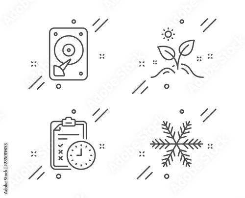 Grow plant, Exam time and Hdd line icons set. Snowflake sign. Leaves, Checklist, Hard disk. Air conditioning. Business set. Line grow plant outline icon. Vector