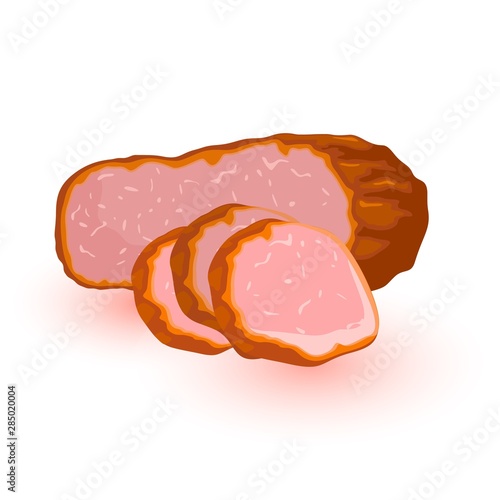 Fresh farm meat products from beef or pork. Salted smoked red ham, gammon, gigot, silverside, slices of bacon. Barbecue food. Vector cartoon isolated icon for meaty market, butchery shop, advertising.