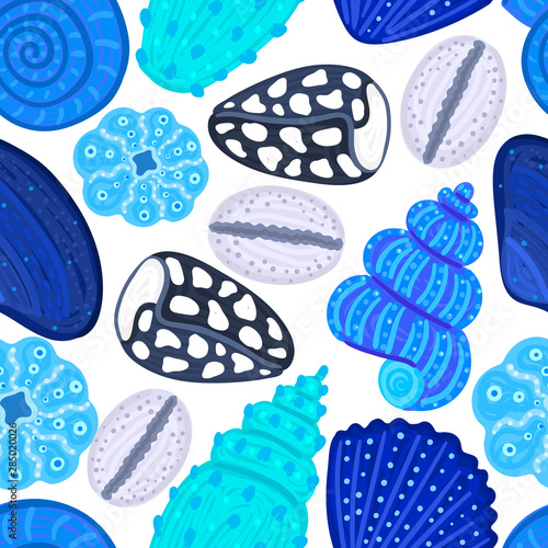 Vector seamless pattern with colorful shells. Ornament with seashells. Wrapping paper, package, wallpaper, clothing and other textile in a pet store or aquapark, print on shower curtain, beach mat