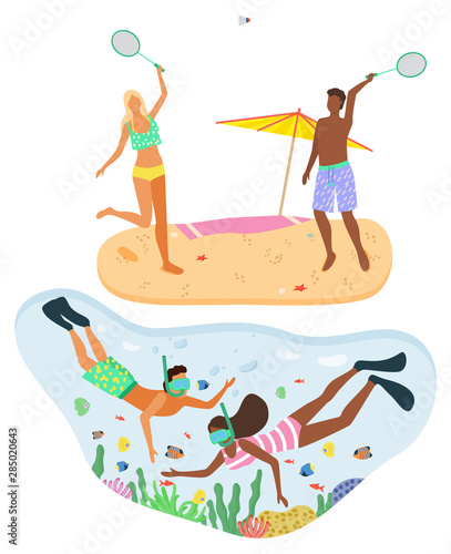 Couple wearing swimming suits and playing badminton on summer beach. Man and woman in swimming goggles snorkeling in turquoise water. Beach and recreation vector. Flat cartoon. Summertime activity