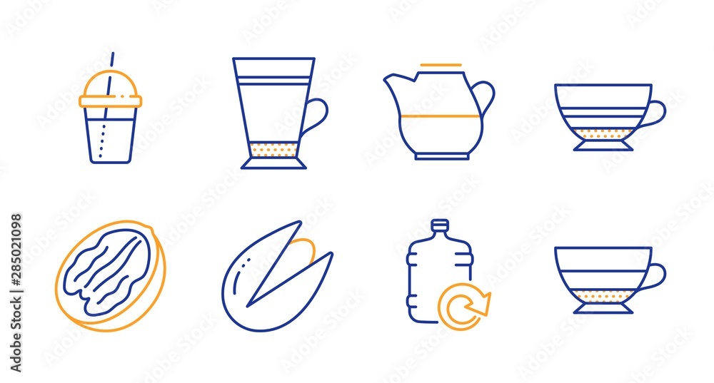 Latte, Pecan nut and Pistachio nut line icons set. Refill water, Mocha and Milk jug signs. Coffee cocktail, Americano symbols. Coffee beverage, Vegetarian food. Food and drink set. Vector