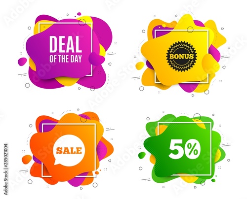 Deal of the day symbol. Liquid shape, various colors. Special offer price sign. Advertising discounts symbol. Geometric vector banner, square frames. Day deal text. Gradient shape badge. Vector