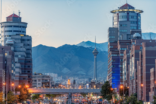 06/05/2019 Tehran,Iran,Famous night view of Tehran, Milad Tower and Alborz Mountains in Background, night cityscape concept