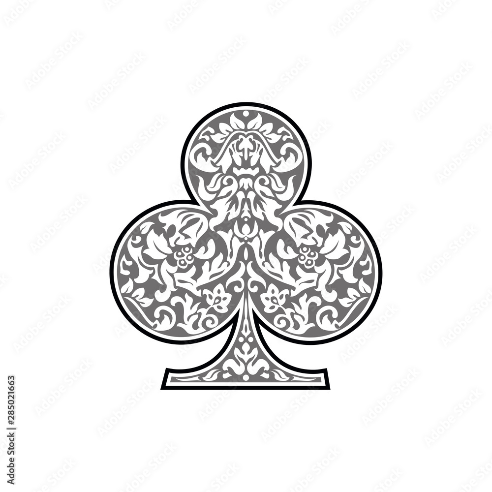 Poker playing card suit clover design shape single icon. Clubs suit deck of  playing cards used