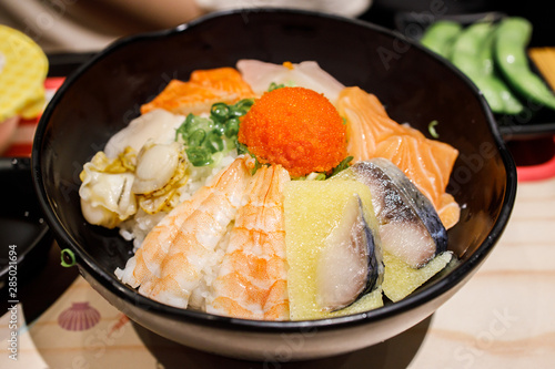 Mixed Sashimi with Sushi Rice in a Bowl