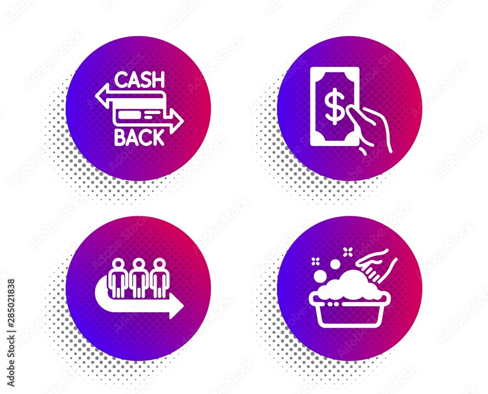 Queue, Receive money and Cashback card icons simple set. Halftone dots button. Hand washing sign. People waiting, Cash payment, Money payment. Laundry basin. Business set. Vector Queue, Receive money and Cashback card icons simple set. Halftone dots button. Hand washing sign. People waiting, Cash payment, Money payment. Laundry basin. Business set. Vector