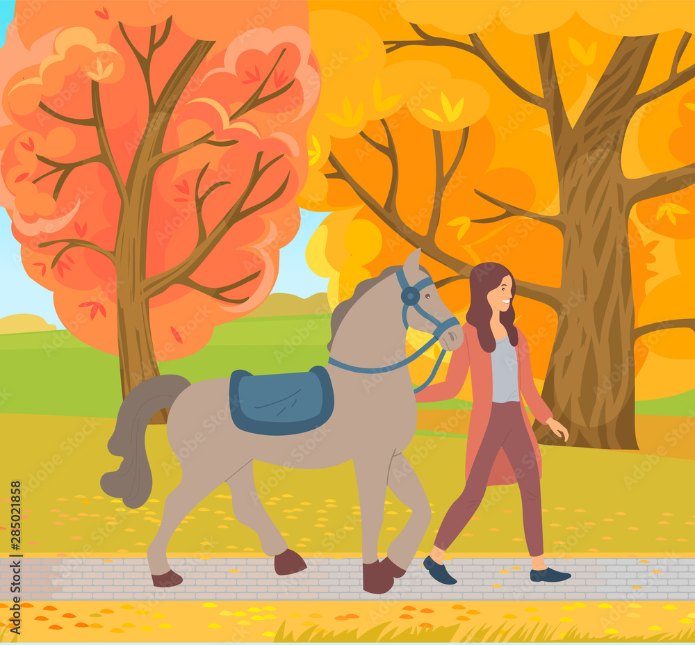 Εκτύπωση καμβά Woman walking with horse in park, autumn weather