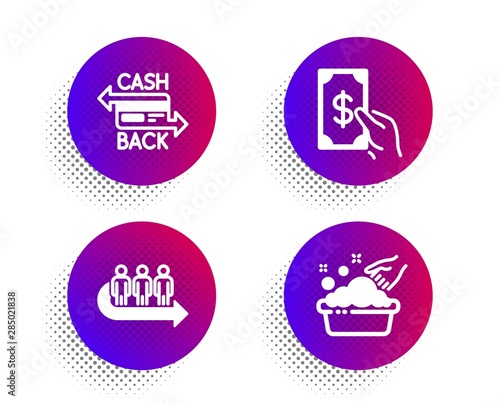 Queue, Receive money and Cashback card icons simple set. Halftone dots button. Hand washing sign. People waiting, Cash payment, Money payment. Laundry basin. Business set. Vector