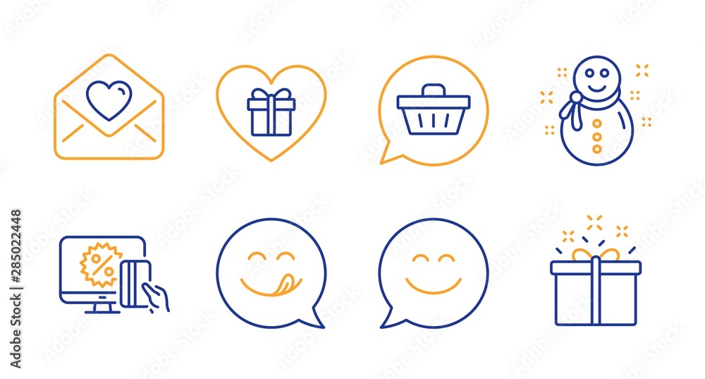 Fototapeta premium Shopping cart, Snowman and Love letter line icons set. Online shopping, Smile chat and Yummy smile signs. Romantic gift, Special offer symbols. Dreaming of gift, New year. Holidays set. Vector