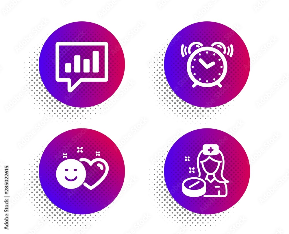 Smile, Alarm clock and Analytical chat icons simple set. Halftone dots button. Nurse sign. Social media like, Time, Communication speech bubble. Medicine pill. Business set. Vector