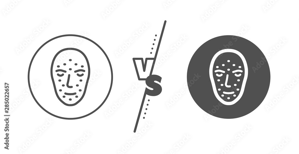 Facial recognition sign. Versus concept. Face biometrics line icon. Head scanning symbol. Line vs classic face biometrics icon. Vector Facial recognition sign. Versus concept. Face biometrics line icon. Head scanning symbol. Line vs classic face biometrics icon. Vector