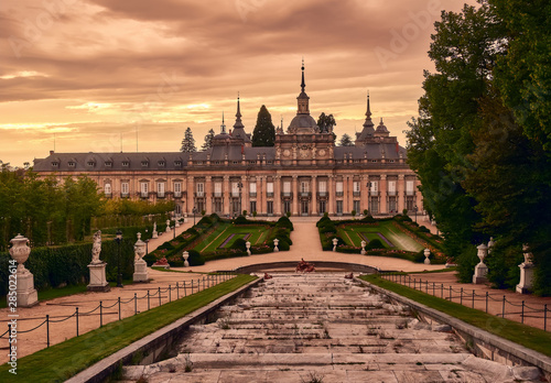 Public gardens, fountains and historic Palace of la Granja of San Ildefonso in Segovia, Spain, also called the small Versailles