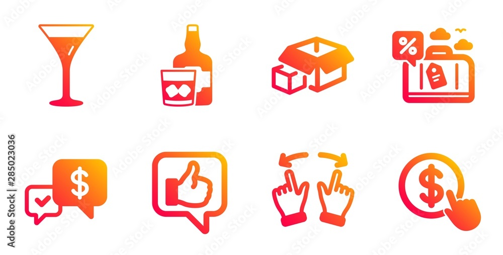 Martini glass, Packing boxes and Whiskey glass line icons set. Payment received, Travel loan and Like signs. Move gesture, Buy currency symbols. Wine, Delivery package. Business set. Vector Martini glass, Packing boxes and Whiskey glass line icons set. Payment received, Travel loan and Like signs. Move gesture, Buy currency symbols. Wine, Delivery package. Business set. Vector