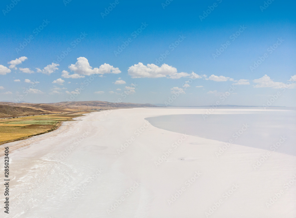 Aerial view of Lake Tuz, Tuz Golu. Salt Lake. White salt water. It is the second largest lake in Turkey and one of the largest hypersaline lakes in the world. Central Anatolia Region