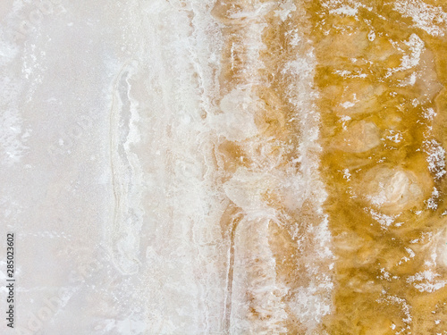 Aerial view of Lake Tuz, Tuz Golu. Salt Lake. White salt water. It is the second largest lake in Turkey and one of the largest hypersaline lakes in the world. Central Anatolia. Background, texture