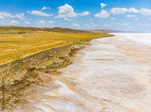 Aerial view of Lake Tuz, Tuz Golu. Salt Lake. White salt water. It is the second largest lake in Turkey and one of the largest hypersaline lakes in the world. Central Anatolia Region