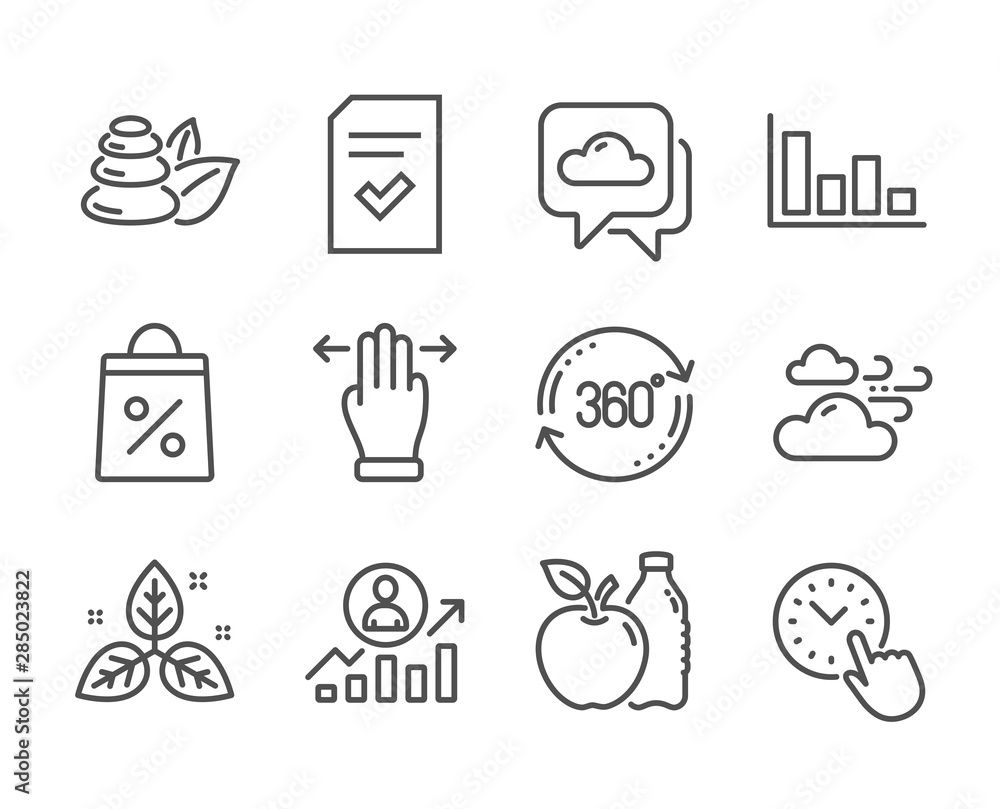 Set of Business icons, such as Time management, Shopping bag, Weather forecast, Multitasking gesture, Spa stones, Full rotation, Windy weather, Histogram, Checked file, Career ladder. Vector