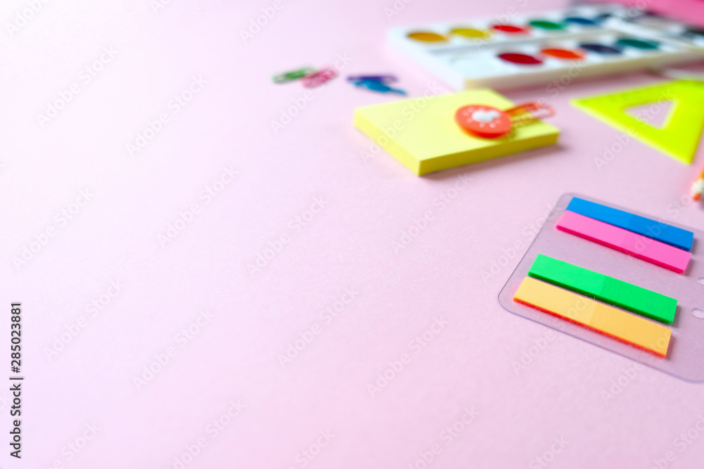 Back to school. The various stationery on light pink background. Back to school. The various stationery on light pink background.