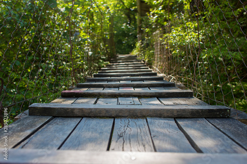 View of suspended wooden bridge among green trees © borisenkoket