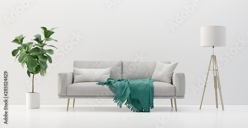 White living room interior with sofa, fiddle leaf fig plant and a lamp. 3D render image. photo