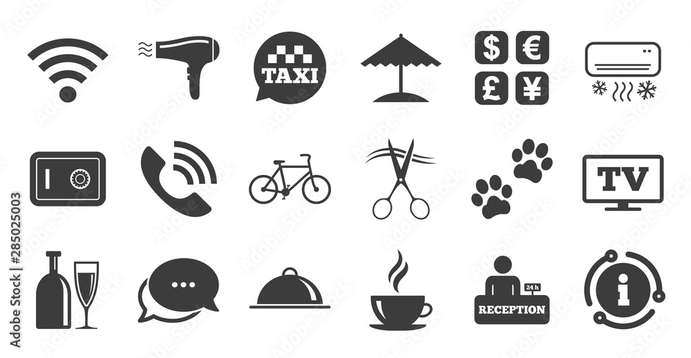 Set of Hotel services icons. Information, chat bubble icon. Phone call, Wifi internet and Currency exchange signs. Coffee, Wine bottle and Air conditioning symbols. Quality set. Vector