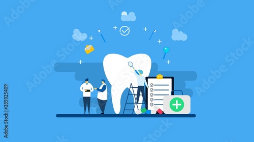 website or landing page of Dental clinic care with Tiny People Character Concept Vector Illustration, Suitable For Wallpaper, Background, Card, banner,Book Illustration, Web Landing Page