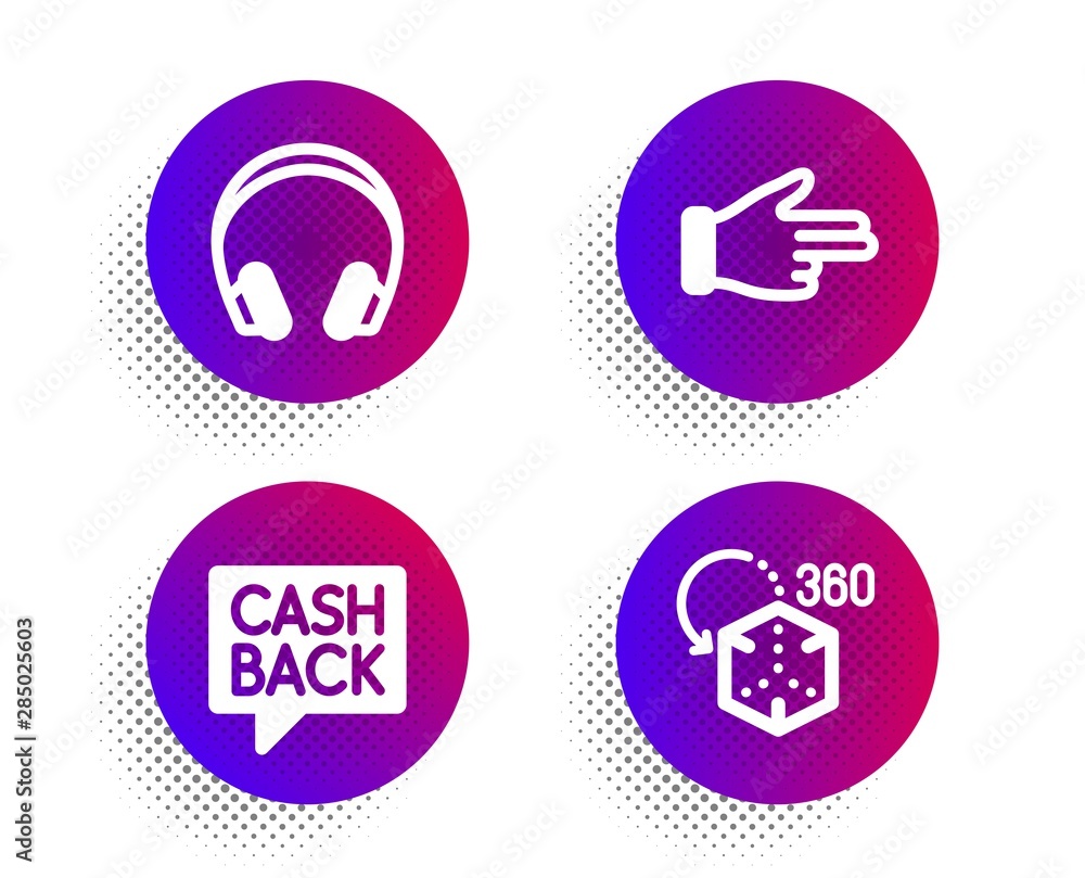 Money transfer, Headphones and Click hand icons simple set. Halftone dots button. Augmented reality sign. Cashback message, Music listening device, Direction finger. Virtual reality. Vector