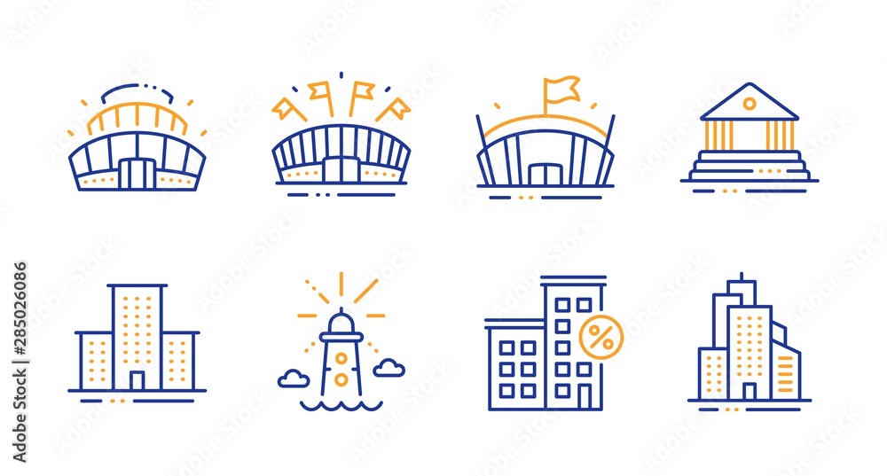 Loan house, Arena stadium and Lighthouse line icons set. Court building, Arena and University campus signs. Skyscraper buildings symbol. Discount percent, Competition building. Buildings set. Vector