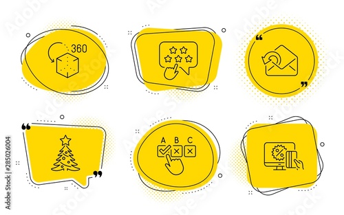 Ranking star, Send mail and Online shopping signs. Chat bubbles. Correct checkbox, Christmas tree and Augmented reality line icons set. Answer, Spruce, Virtual reality. Click rank. Vector