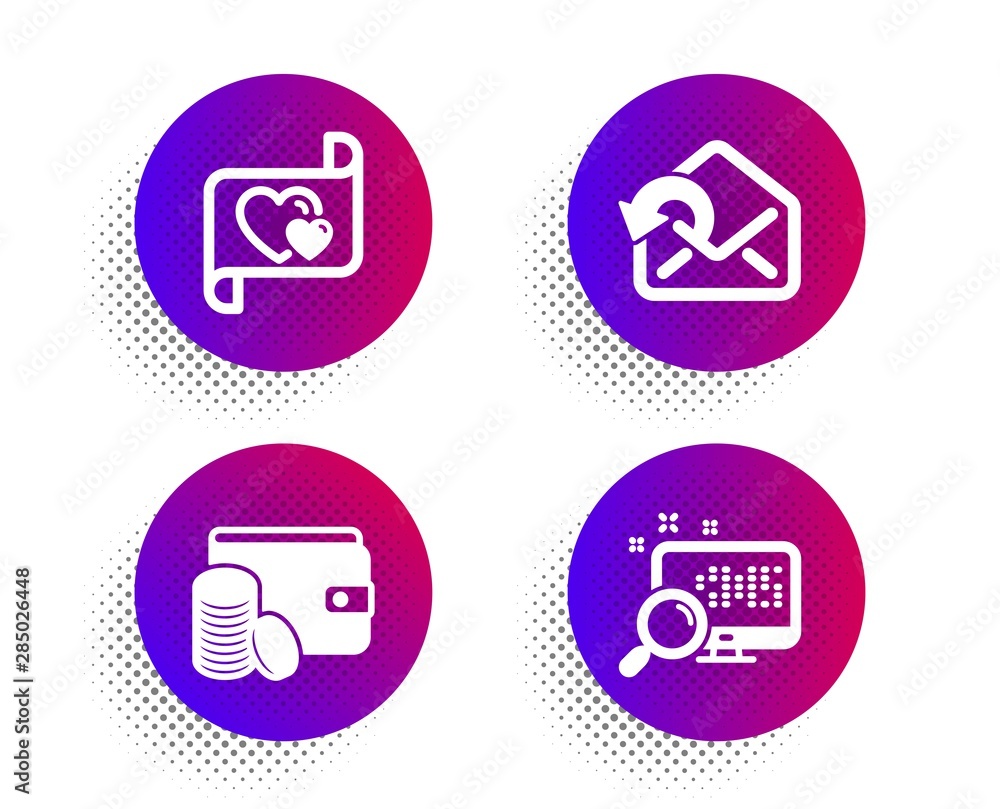 Send mail, Love letter and Payment method icons simple set. Halftone dots button. Search sign. Sent message, Heart, Wallet with coins. Find file. Business set. Classic flat send mail icon. Vector Send mail, Love letter and Payment method icons simple set. Halftone dots button. Search sign. Sent message, Heart, Wallet with coins. Find file. Business set. Classic flat send mail icon. Vector