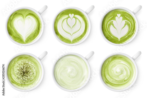 Bild auf Leinwand Set of green tea matcha latte foam art