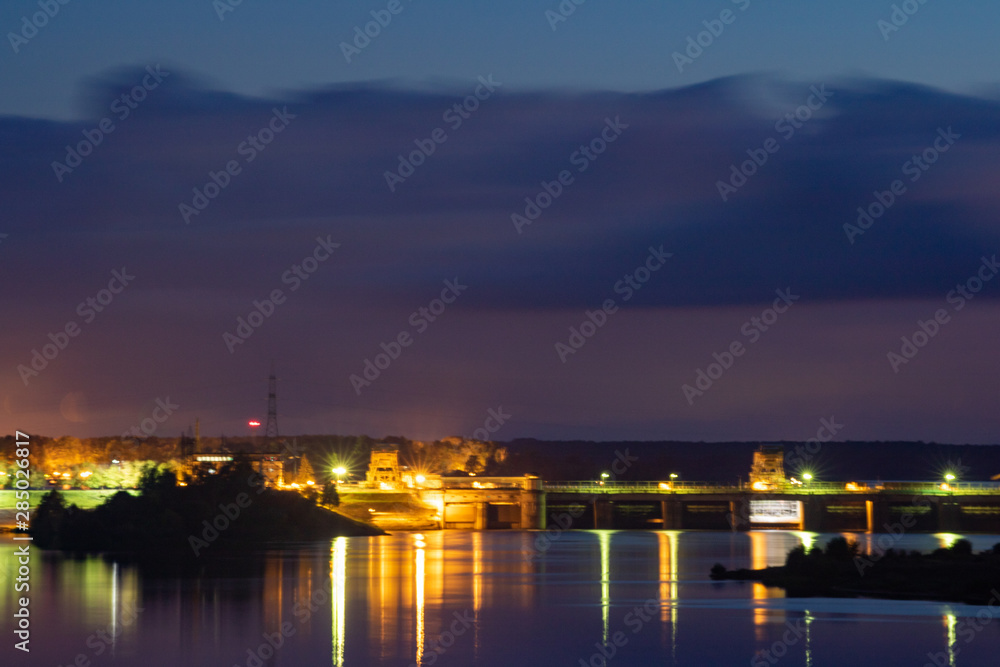 Dam of the Ivankovo ​​Hydroelectric Power Station on the Volga River.  Night Scene.  Dubna, Russia.