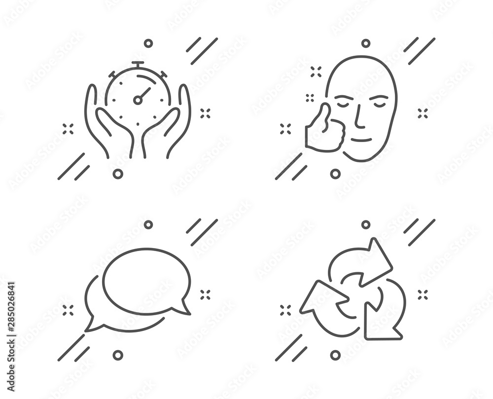 Timer, Healthy face and Messenger line icons set. Recycle sign. Deadline management, Healthy cosmetics, Speech bubble. Recycling waste. Business set. Line timer outline icon. Vector