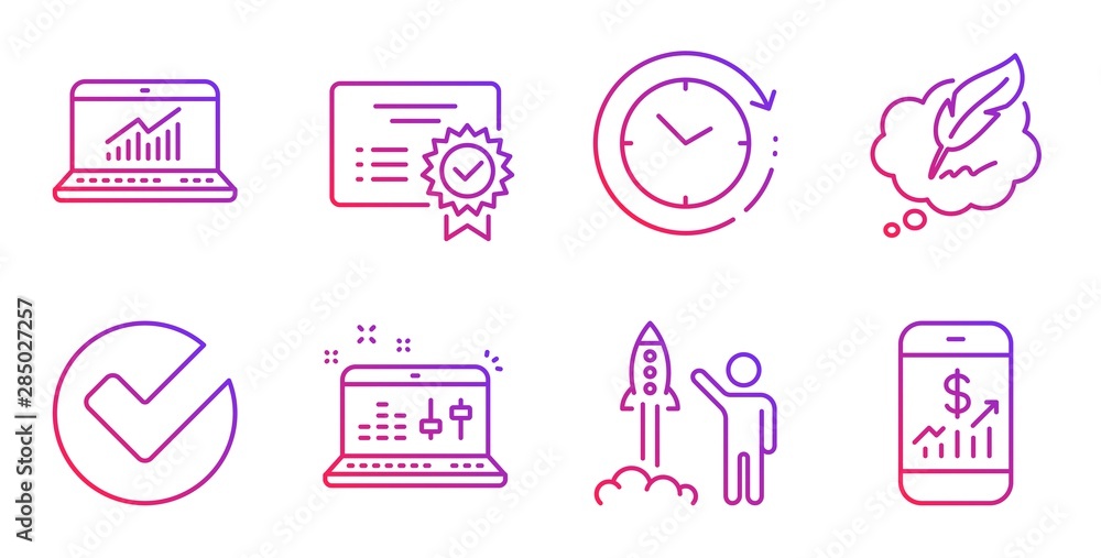 Sound check, Copyright chat and Time change line icons set. Certificate, Online statistics and Launch project signs. Verify, Mobile finance symbols. Dj controller, Speech bubble. Vector Sound check, Copyright chat and Time change line icons set. Certificate, Online statistics and Launch project signs. Verify, Mobile finance symbols. Dj controller, Speech bubble. Vector