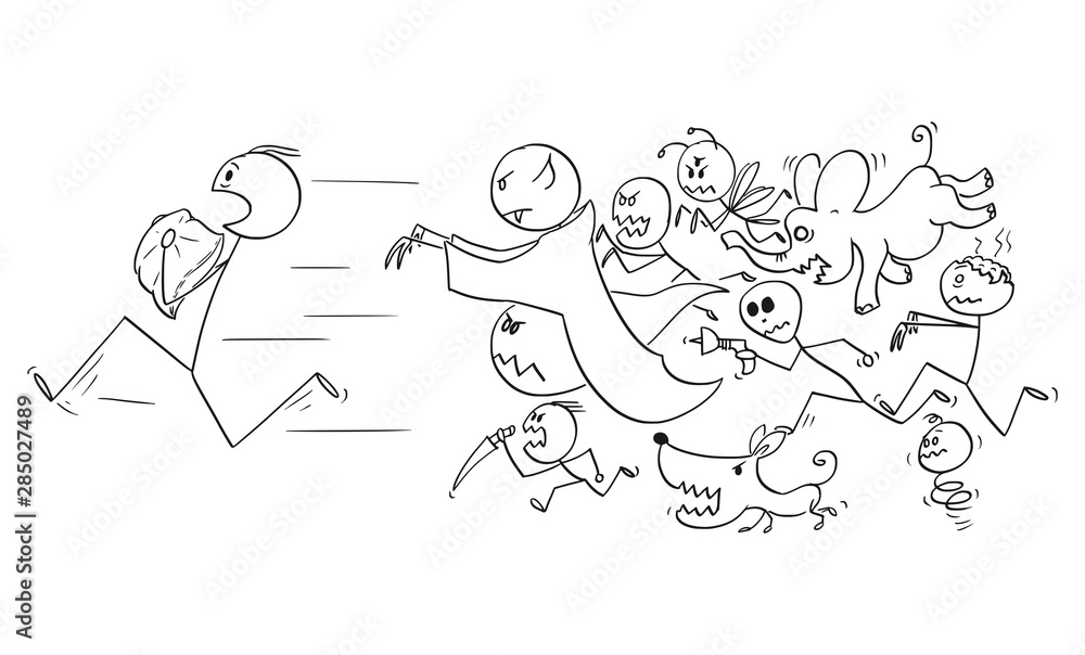 Vector cartoon stick figure drawing conceptual illustration of man holding  a pillow running away chasing by his nightmares and dream monsters. Stock  Vector | Adobe Stock