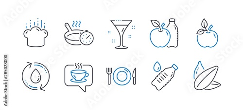 Set of Food and drink icons, such as Refill water, Eco food, Water bottle, Food, Coffee, Frying pan, Cocktail, Cooking hat, Apple, Sunflower seed line icons. Recycle aqua, Organic tested. Vector