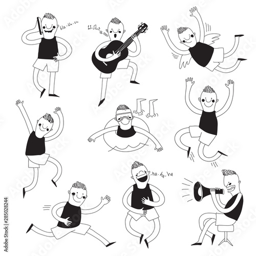 Set of little active boys. Vector illustration. black and white small kids
