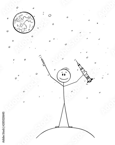 Vector cartoon stick figure drawing conceptual illustration of man holding rocket model and pointing at Moon or Mars. Space exploration concept.