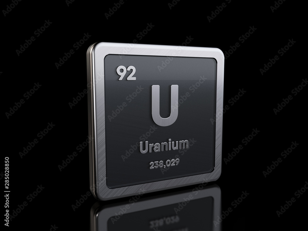 Uranium U, element symbol from periodic table series. 3D rendering isolated on black background Uranium U, element symbol from periodic table series. 3D rendering isolated on black background