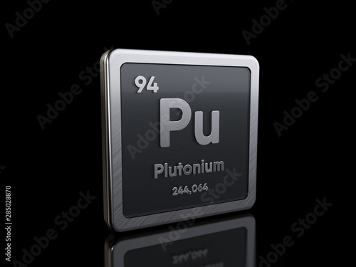 Plutonium Pu, element symbol from periodic table series. 3D rendering isolated on black background