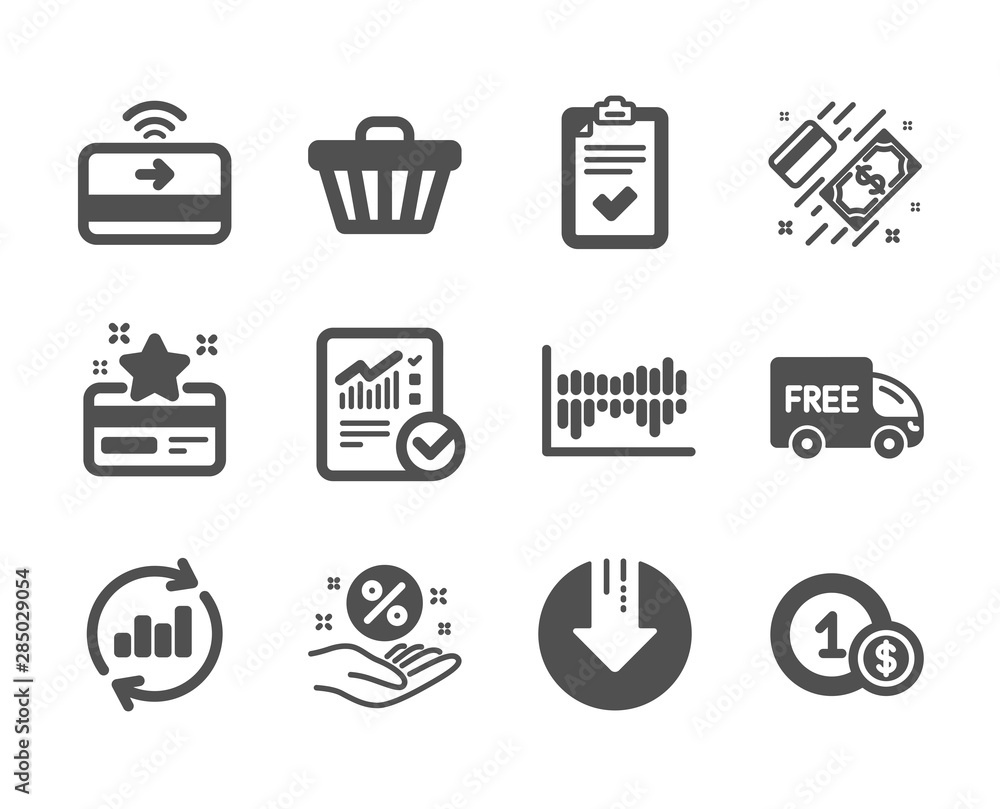 Set of Finance icons, such as Shop cart, Free delivery, Usd coins, Loan percent, Contactless payment, Checked calculation, Column diagram, Download arrow, Payment, Loyalty card, Checklist. Vector Set of Finance icons, such as Shop cart, Free delivery, Usd coins, Loan percent, Contactless payment, Checked calculation, Column diagram, Download arrow, Payment, Loyalty card, Checklist. Vector