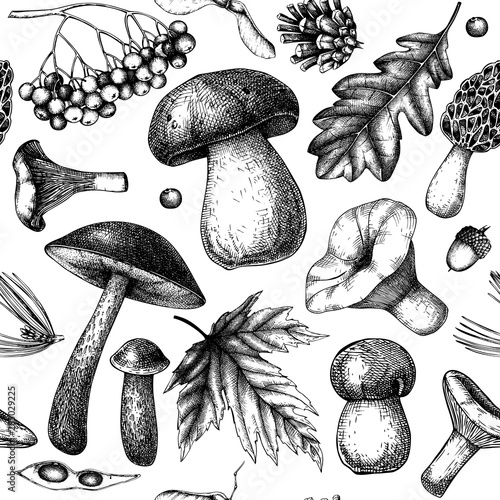 Autumn forest seamless pattern. Vector background with mushrooms, conifers, leaves, berries sketches. Vintage fall season design. Trendy collage elements